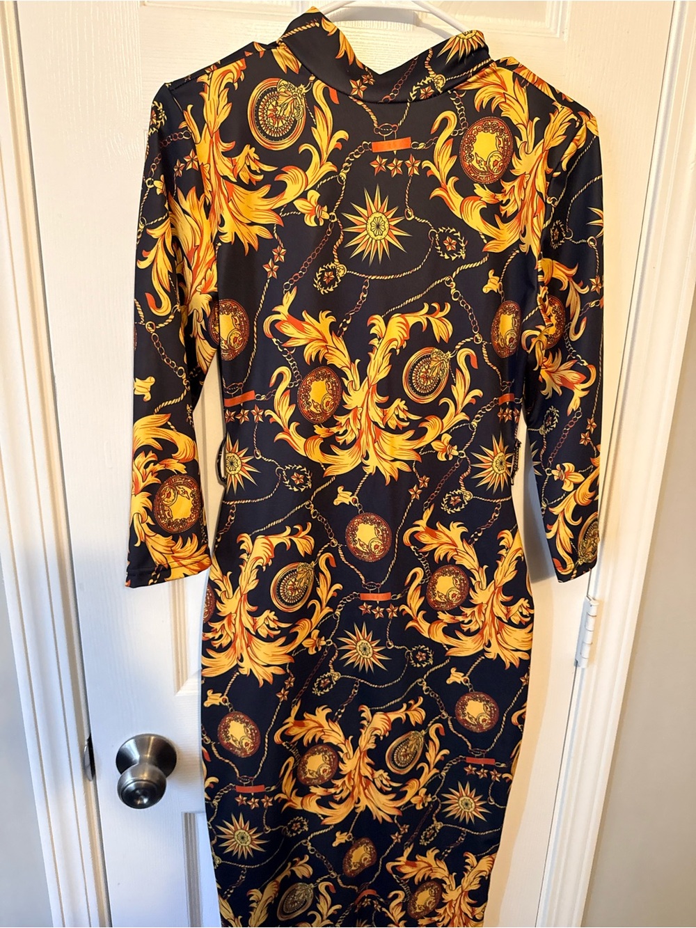 Black & Gold Baroque Print Midi Dress